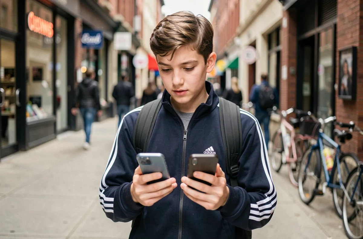 Adolescent en extérieur comparant deux smartphones pour choisir un forfait mobile adapté