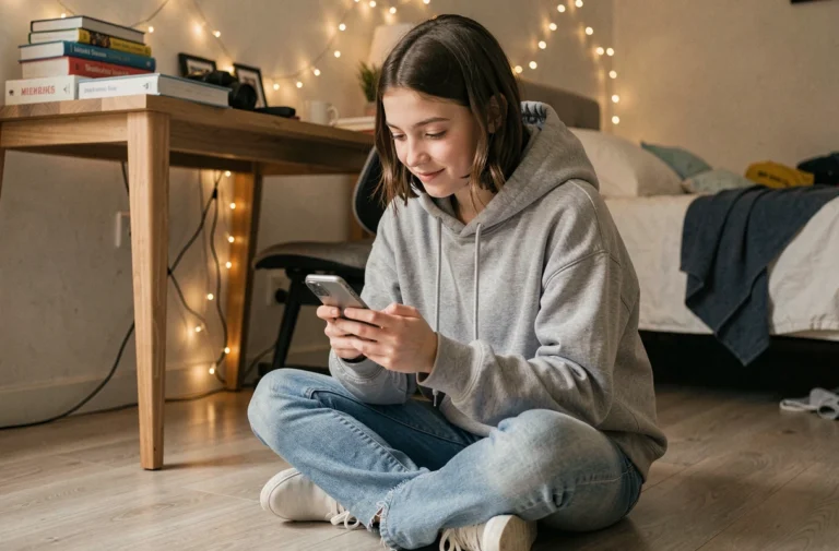 Adolescente assise sur le sol de sa chambre consultant les forfaits mobiles sur son smartphone