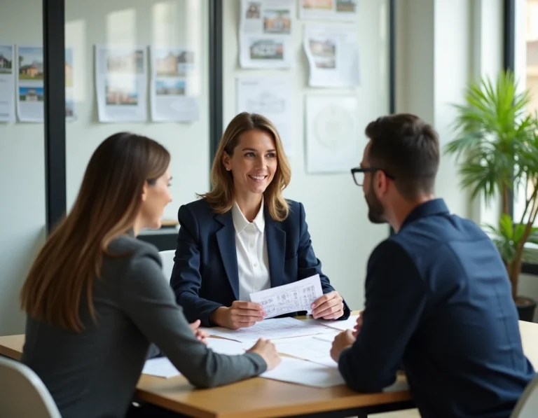 Agent immobilière expérimentée conseillant un couple lors d'un rendez-vous dans une agence immobilière moderne
