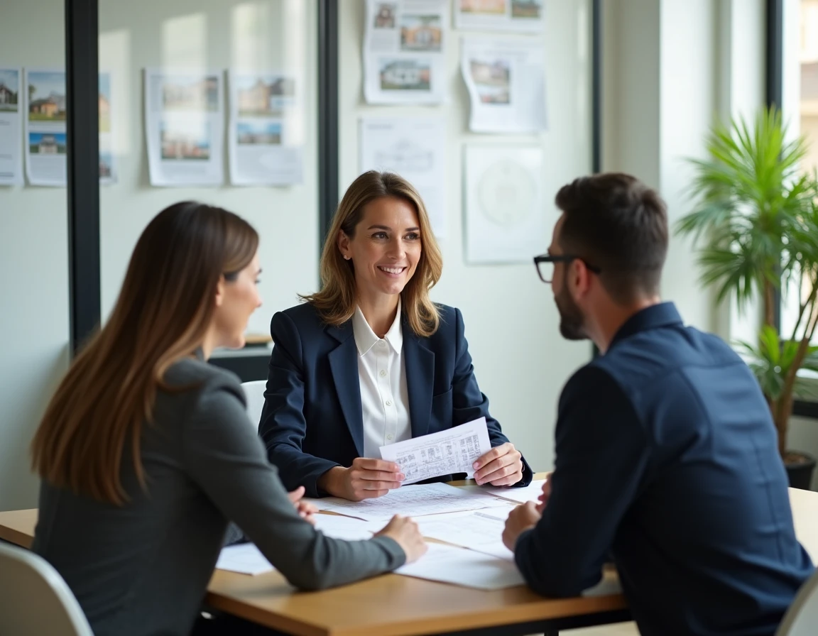 Agent immobilière expérimentée conseillant un couple lors d'un rendez-vous dans une agence immobilière moderne