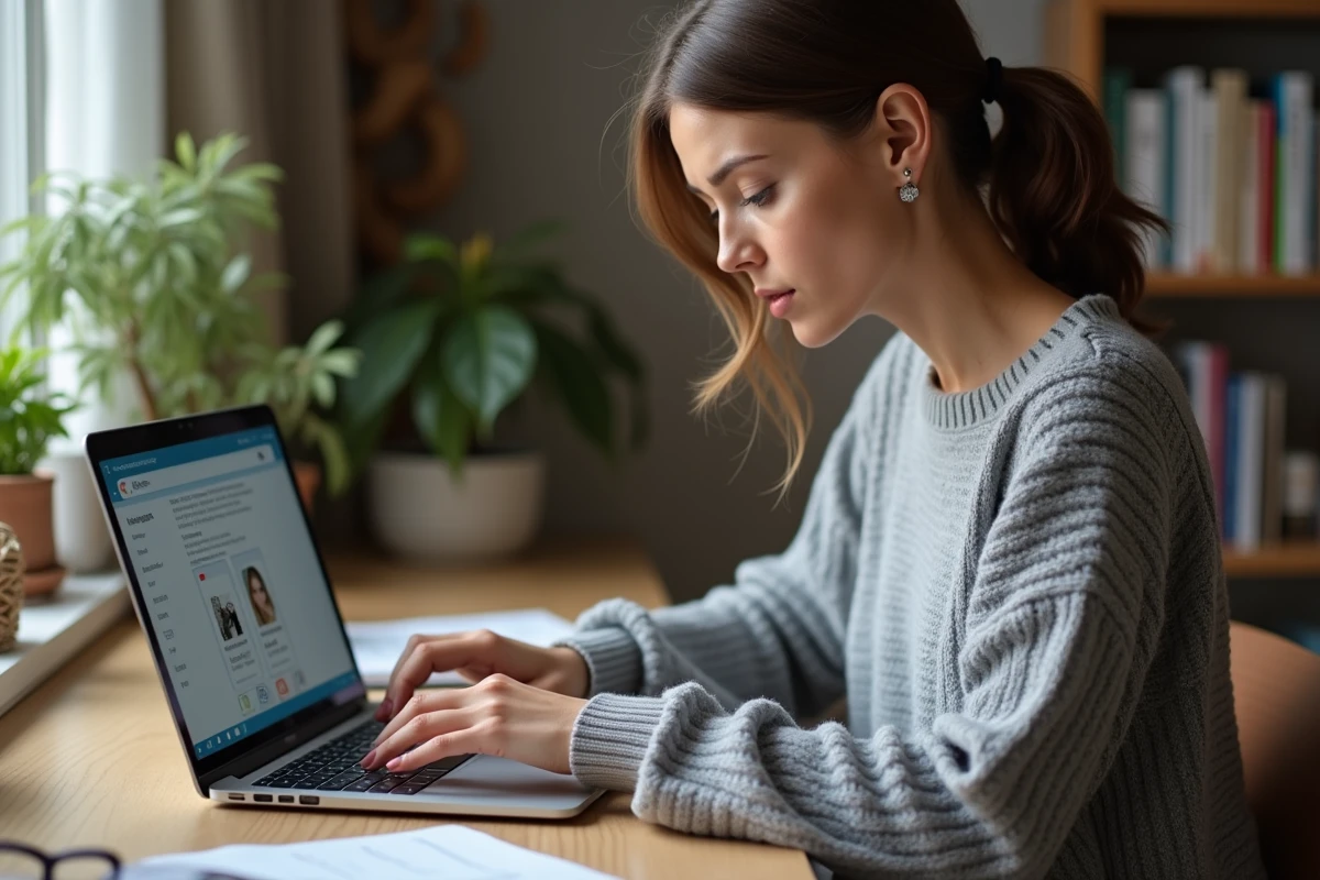 Femme ajoutant l'icône Le Bon Coin sur le bureau de son ordinateur portable à domicile