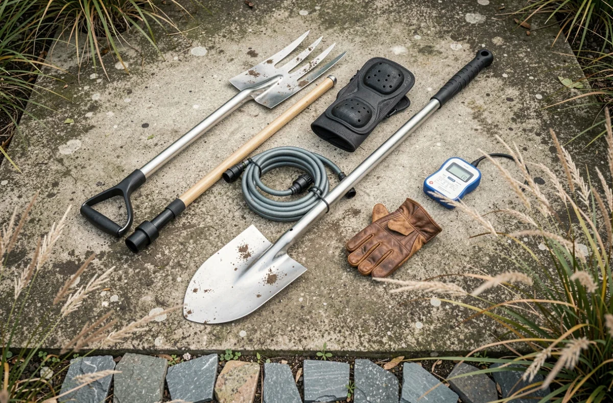 Vue aérienne d'un assortiment d'équipements de jardinage essentiels disposés sur une terrasse en béton dans un jardin extérieur