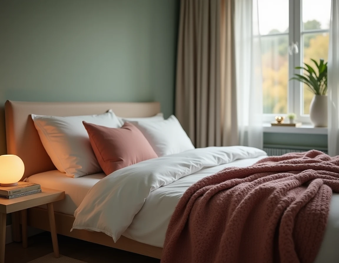 Chambre à coucher apaisante avec lampe d'ambiance sur table de nuit, literie blanche et décoration zen