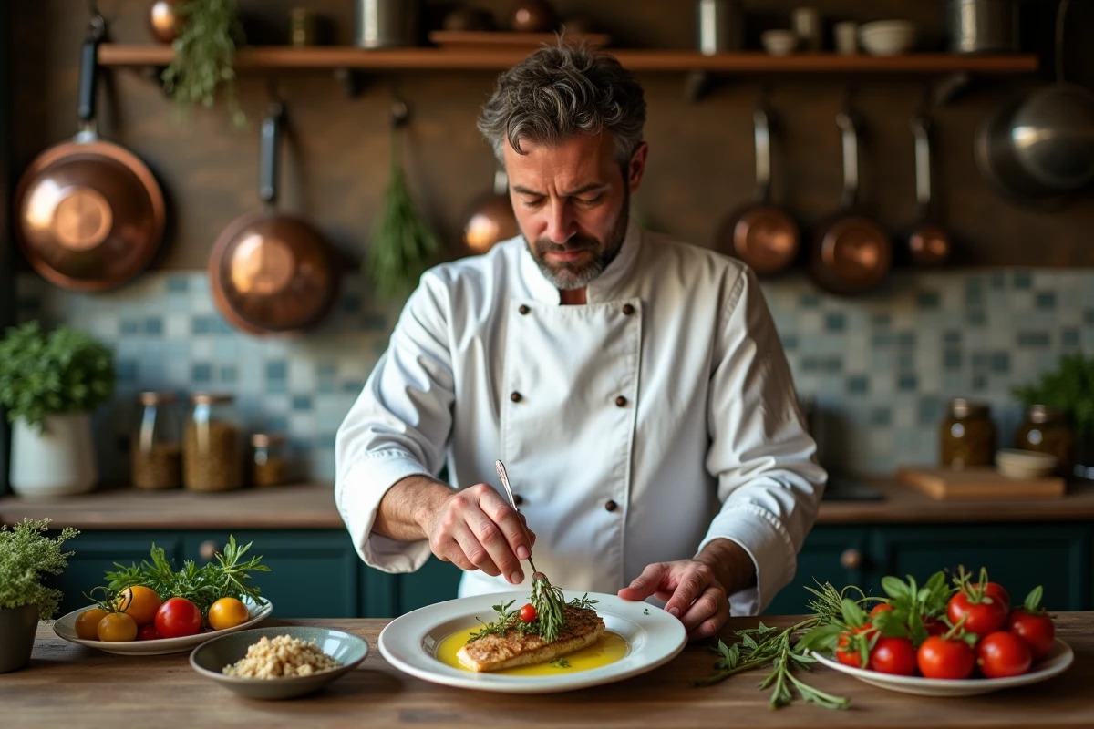 Chef cuisinier garnissant un plat de poisson régional dans une cuisine artisanale traditionnelle