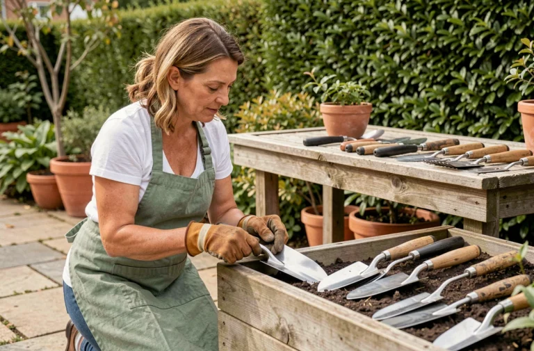 Femme jardinière qui examine des outils de jardinage de qualité posés sur un établi en bois dans un jardin bien entretenu