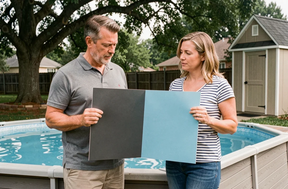 Couple comparant des échantillons de couleur de liner piscine gris anthracite et bleu ciel au bord d'une piscine hors-sol