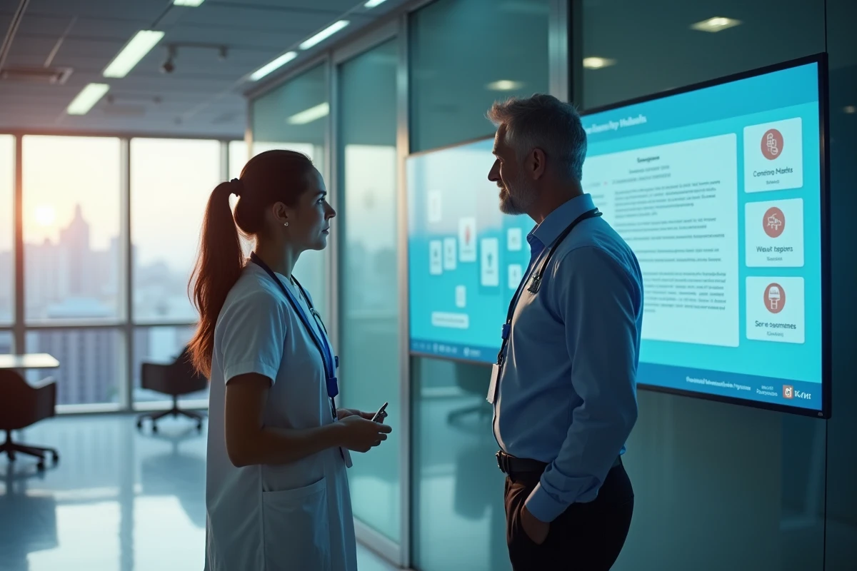 Deux professionnels de santé collaborant devant un portail de ressources numérique dans un bureau administratif hospitalier