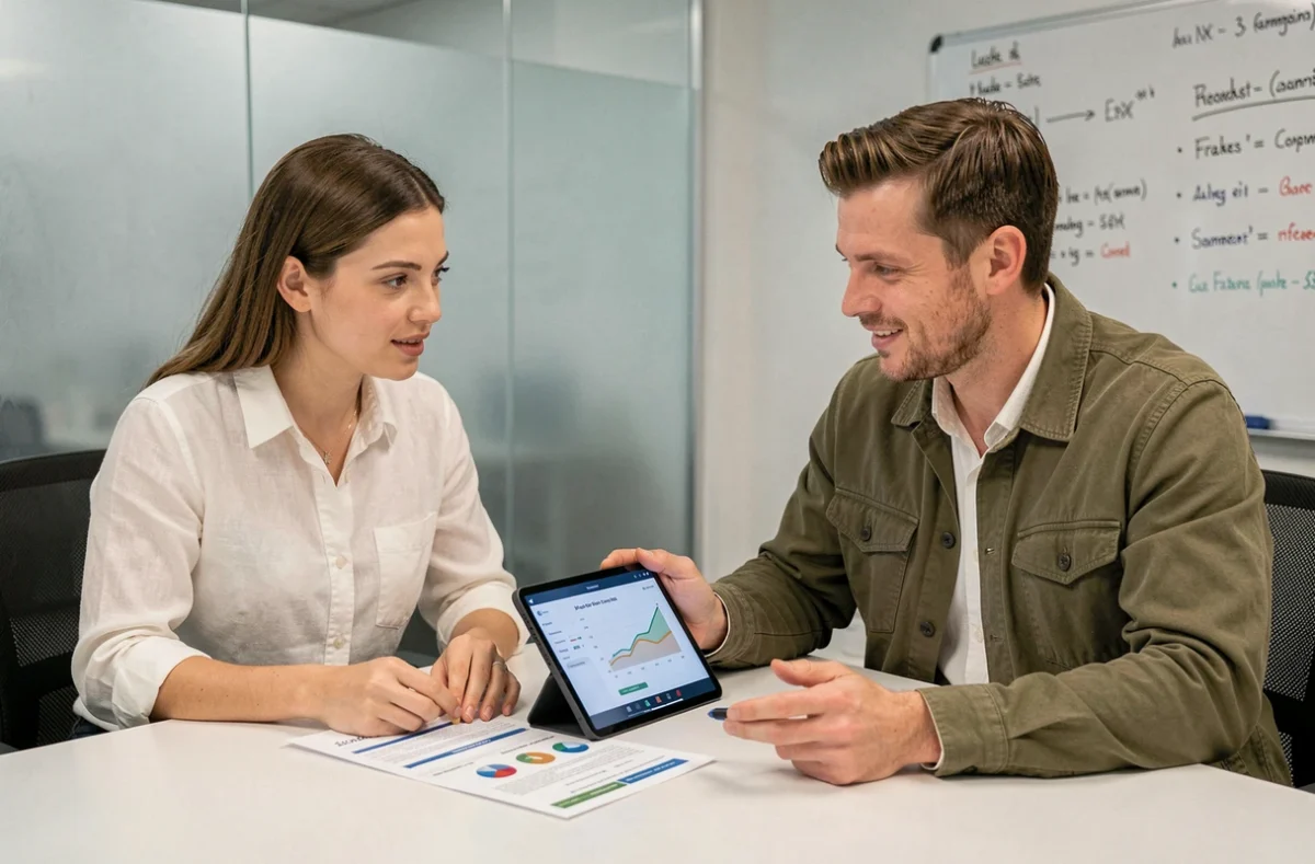 Deux collègues collaborant sur des rapports SEO et des métriques de performance web en salle de réunion