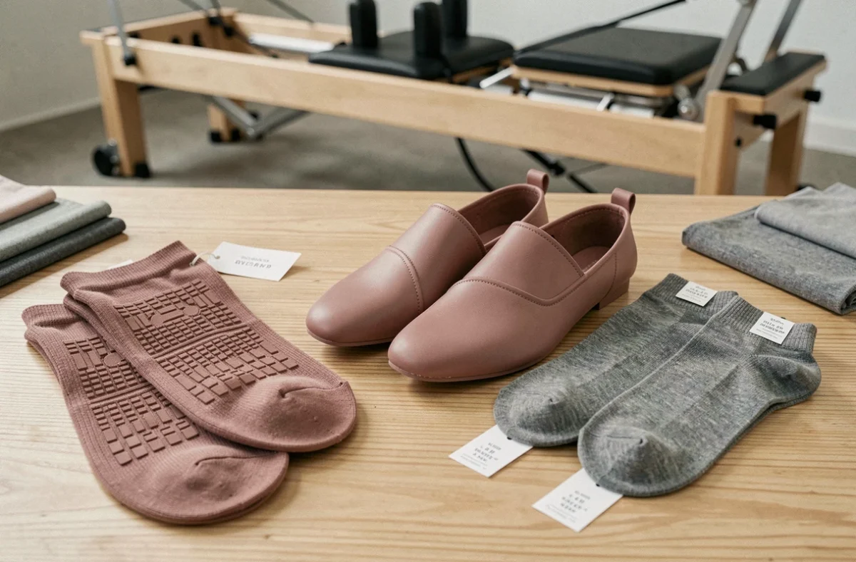 Comparaison de différents types de chaussures et chaussettes de Pilates disposés sur une surface en bois clair