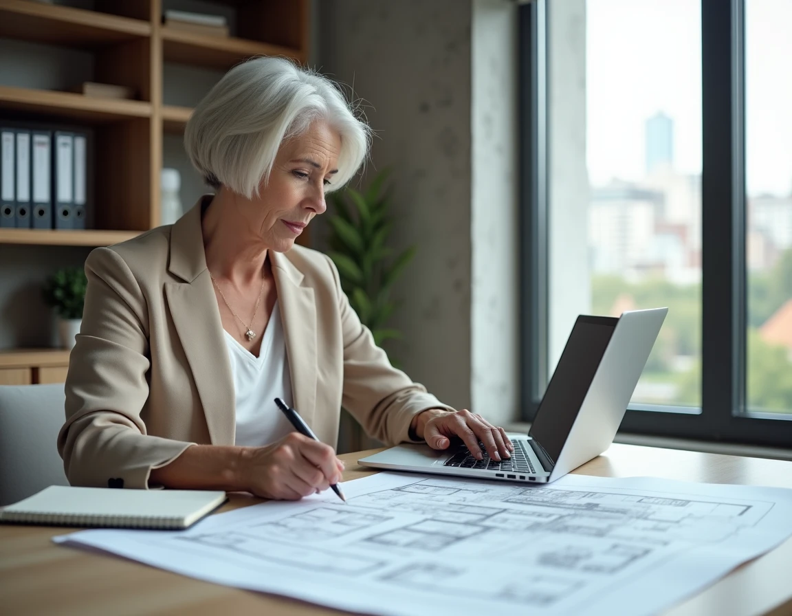 Consultante immobilière senior analysant des plans architecturaux dans un bureau moderne et professionnel