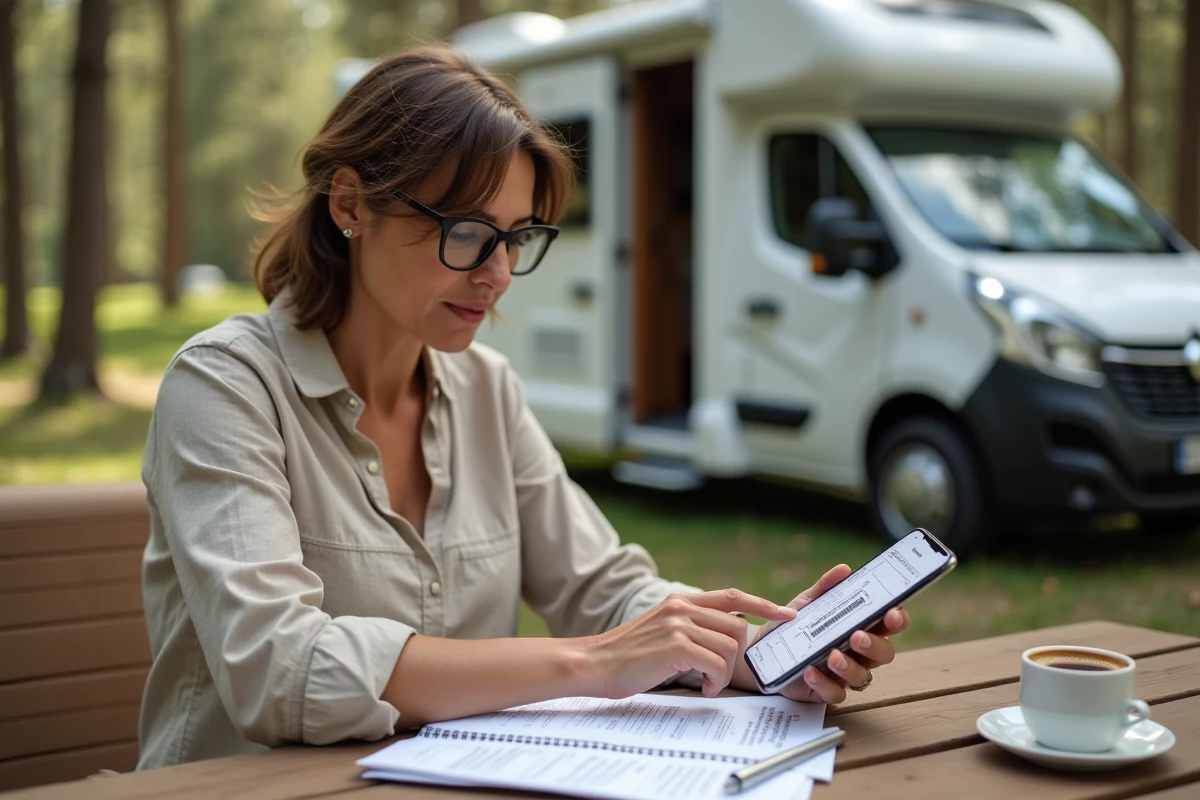 Femme consultant un site de vérification de numéro de châssis de mobil-home sur smartphone avec documents