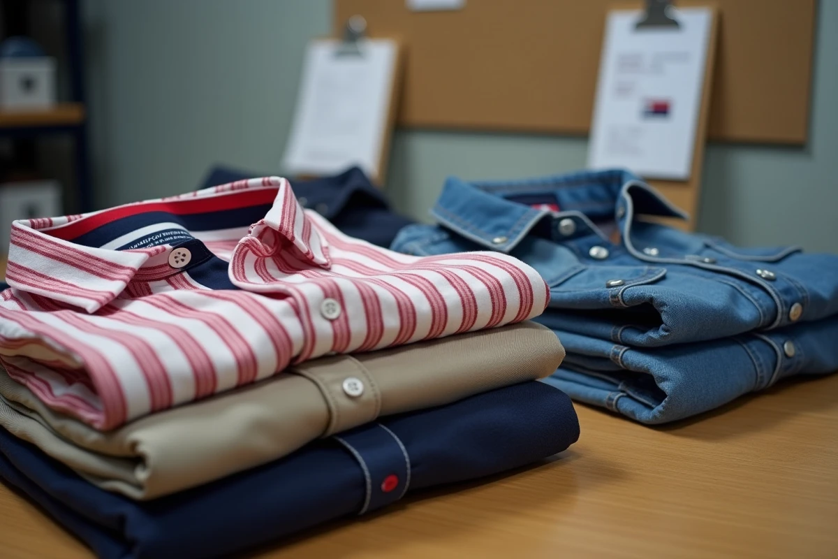Contrôle qualité de vêtements Tommy Hilfiger avec étiquettes pays d'origine visibles sur table en bois