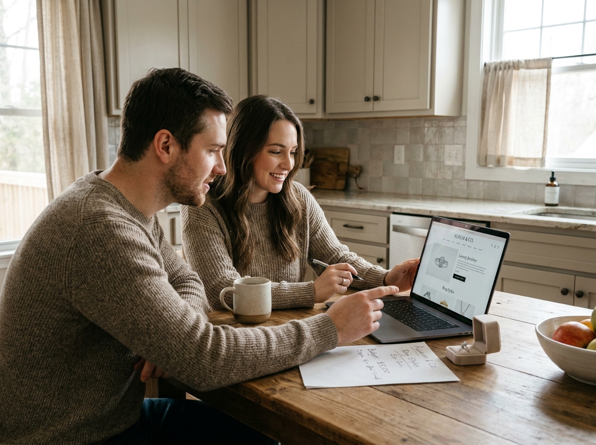 Couple comparant des bagues de marque en ligne avec un budget défini, assis à une table de cuisine