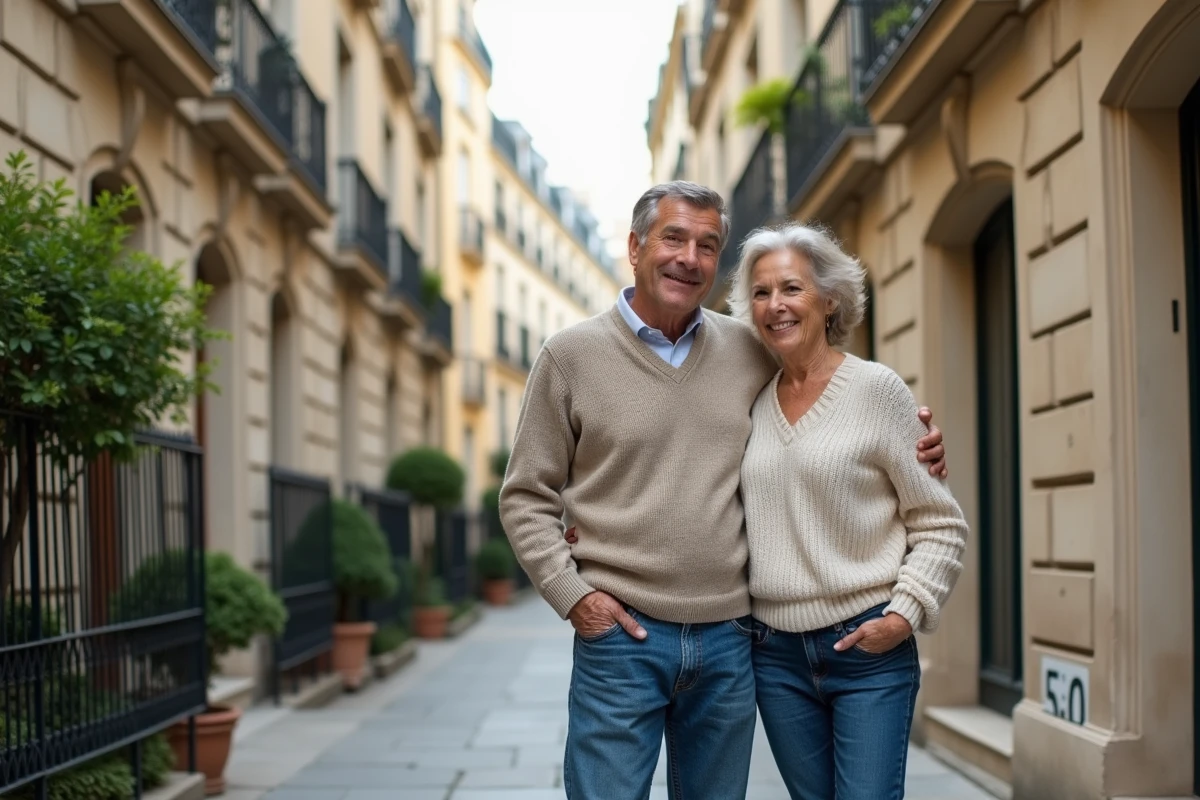 Couple regardant une annonce immobilière dans une rue parisienne