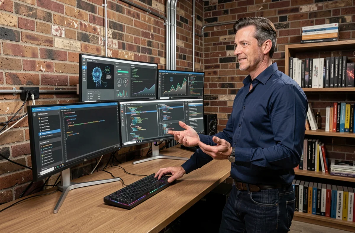 Développeur masculin travaillant sur plusieurs écrans avec interfaces d'intelligence artificielle en 2024