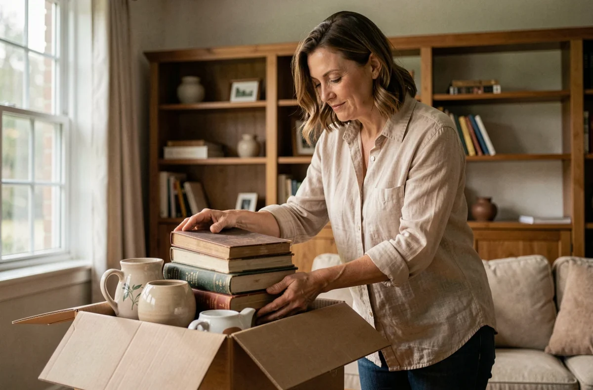 Femme déposant des livres et objets décoratifs dans un carton pour un don à une association de débarras