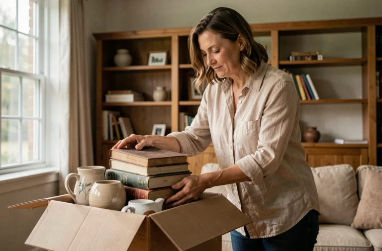 Femme déposant des livres et objets décoratifs dans un carton pour un don à une association de débarras