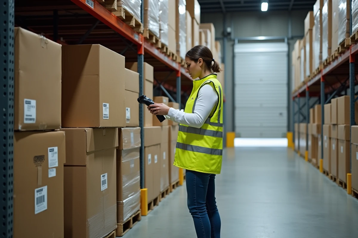 Entrepôt logistique européen avec employée scannant des cartons de vêtements Tommy Hilfiger prêts à l'expédition