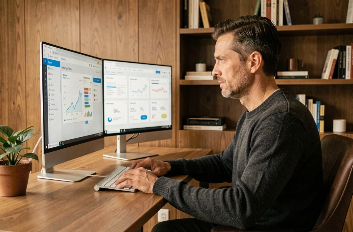 Entrepreneur concentré travaillant sur des plateformes SaaS innovantes depuis un bureau à domicile moderne pour optimiser la performance de son entreprise