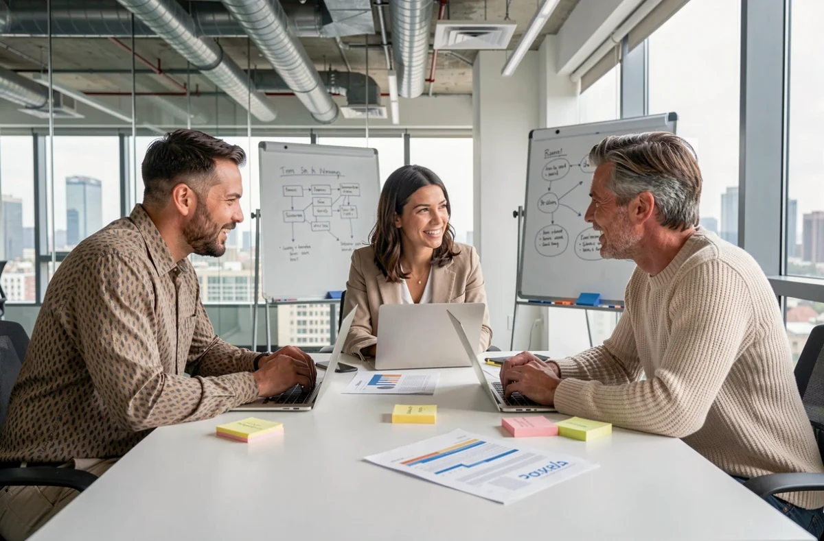 Équipe de professionnels en réunion stratégique autour d'une table moderne, collaborant sur des services innovants pour booster la performance d'entreprise