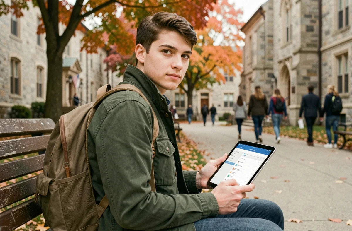 Étudiant consultant et gérant ses emails Nantes Université sur une tablette en extérieur sur le campus