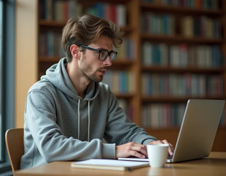Étudiant frustré face à une erreur de connexion sur l'ENT CESI depuis un ordinateur portable en bibliothèque universitaire