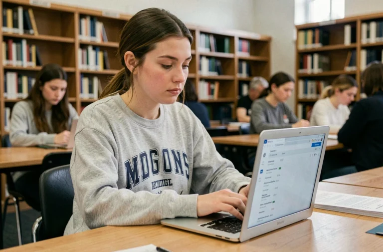 Étudiante de Nantes Université consultant son webmail sur un ordinateur portable dans une bibliothèque universitaire
