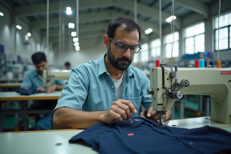 Ouvrier textile cousant un polo Tommy Hilfiger dans une usine de fabrication en Asie du Sud