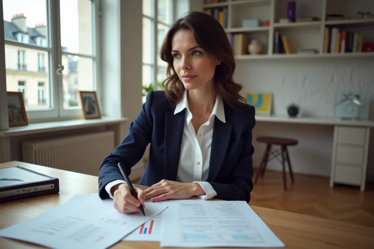 Femme d'affaires en bureau à Paris examinant des rapports immobiliers
