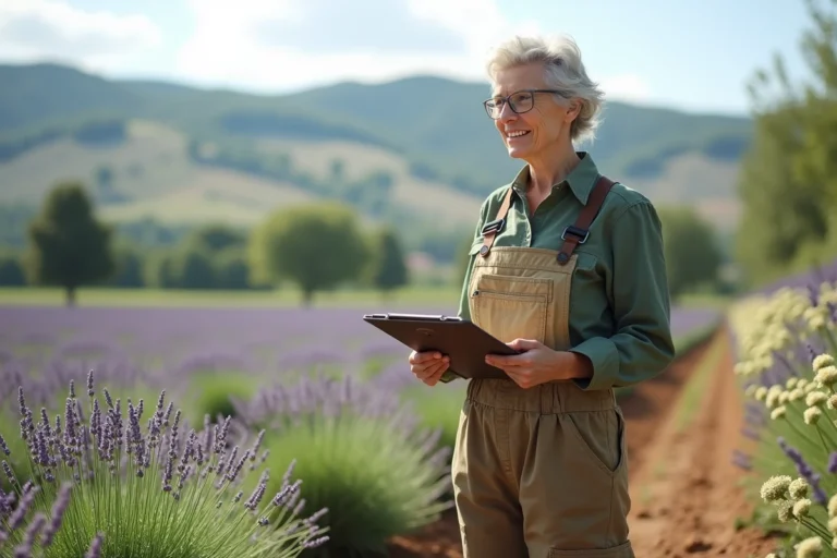 Femme agricultrice inspectant des plants de lavande en plein champ