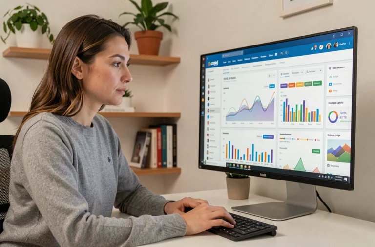 Femme analysant des tableaux de bord SEO sur un écran d'ordinateur dans un bureau moderne à domicile