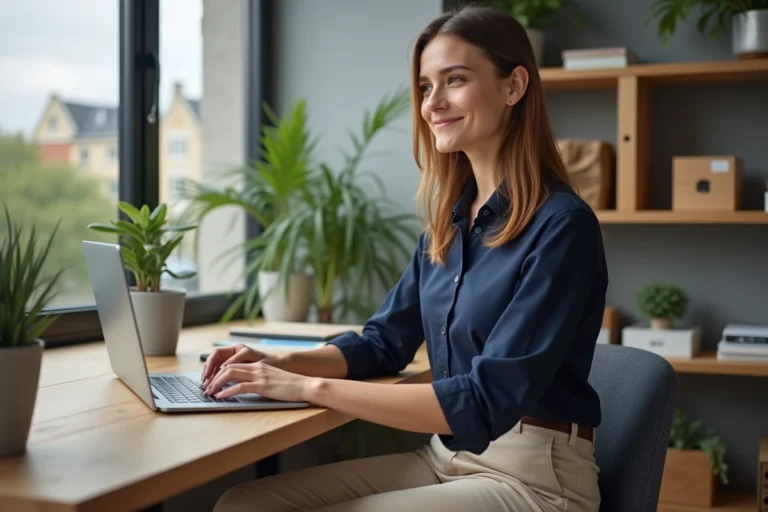 Jeune femme en bureau moderne travaillant sur son ordinateur