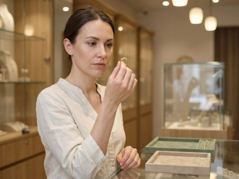 Femme examinant une bague de marque dans une bijouterie, comparant le style et le prix avant achat