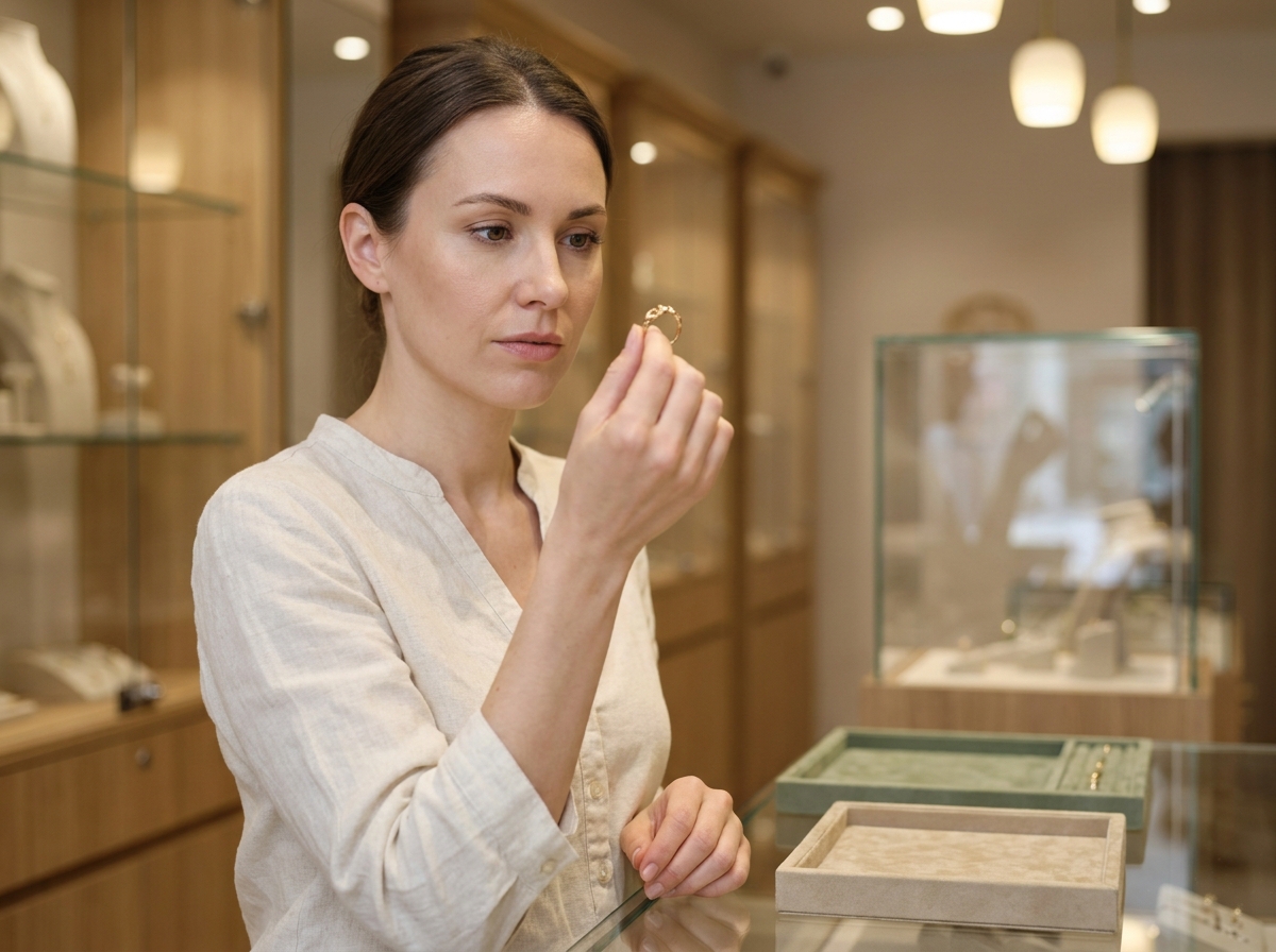 Femme examinant une bague de marque dans une bijouterie, comparant le style et le prix avant achat