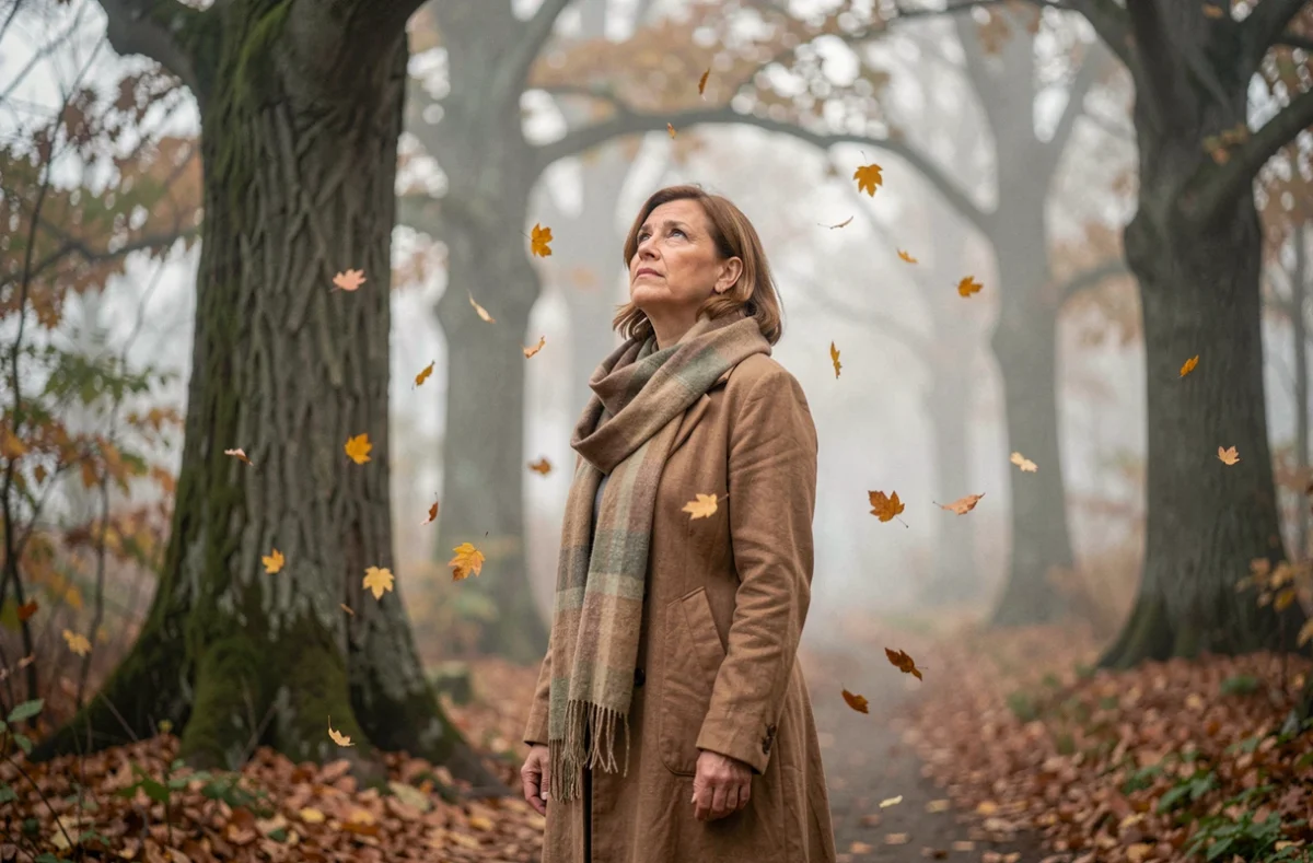 Femme pensive dans une forêt brumeuse contemplant les signes de sa destinée parmi les feuilles d'automne dorées