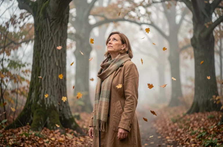 Femme pensive dans une forêt brumeuse contemplant les signes de sa destinée parmi les feuilles d'automne dorées
