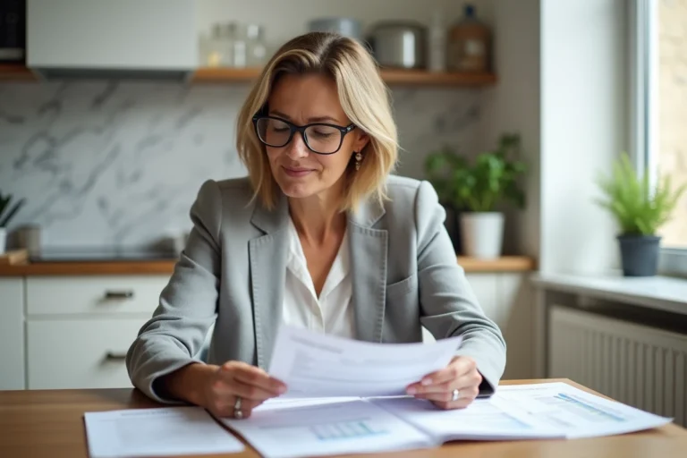 Femme consultant ses contrats d'énergie à la table de sa cuisine avant la vente de son logement