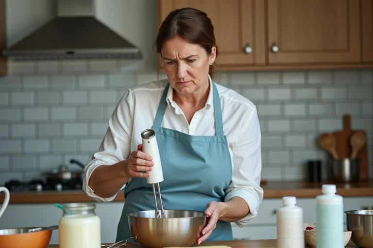 Femme en tablier bleu concentrée en cuisine avec bol et fouet