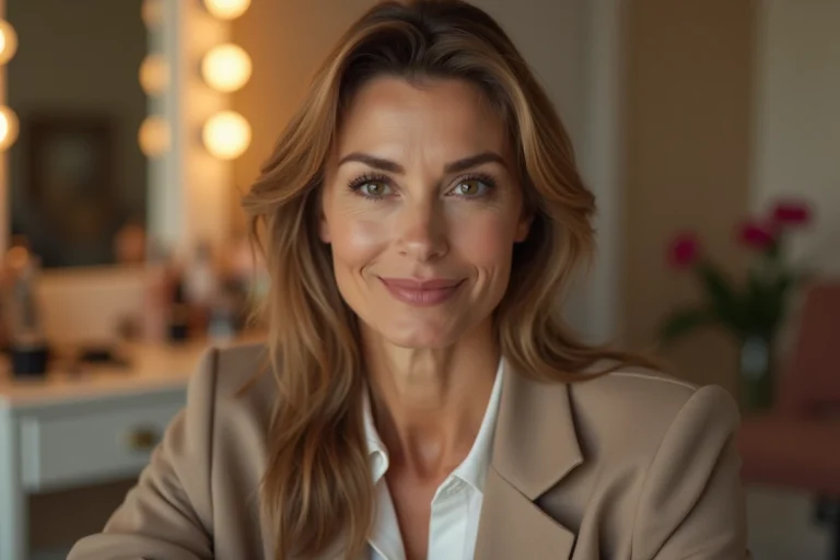 Femme confiante aux lèvres naturellement pleines assise devant un miroir de loge, illustrant les rumeurs de chirurgie esthétique