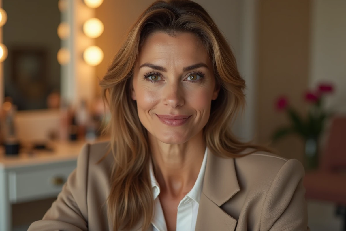 Femme confiante aux lèvres naturellement pleines assise devant un miroir de loge, illustrant les rumeurs de chirurgie esthétique