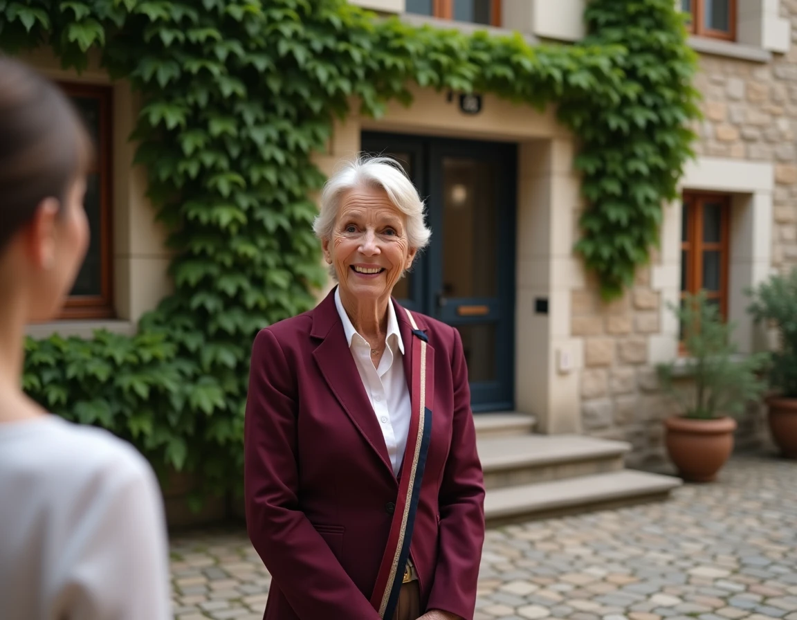 Femme maire en écharpe tricolore faisant un discours de mariage devant une mairie de village en pierre