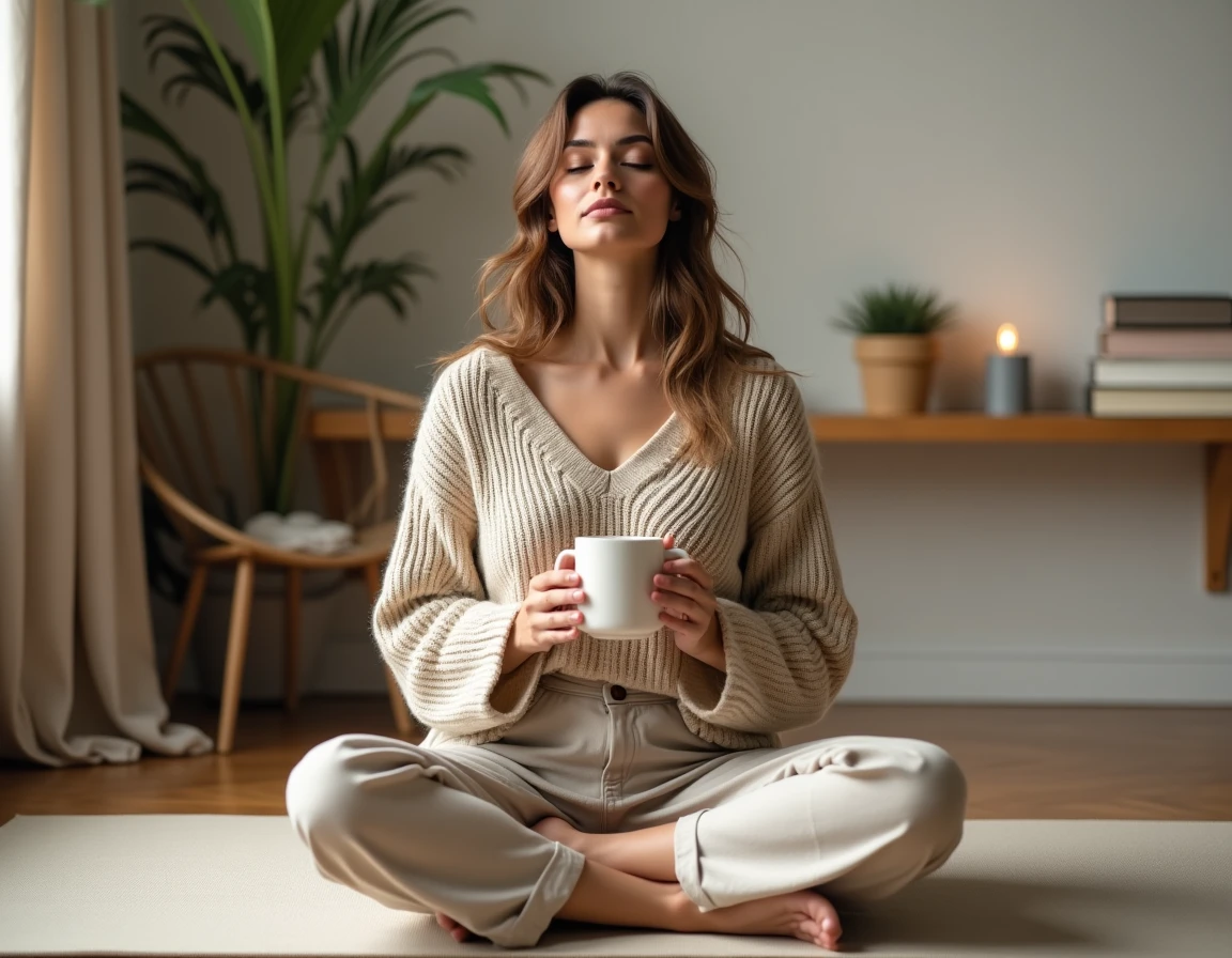 Femme en méditation dans un bureau à domicile apaisé avec lampe d'ambiance décorative sur étagère