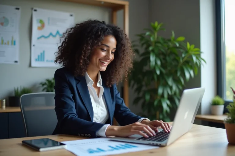 Jeune femme professionnelle souriante travaillant sur un ordinateur dans un bureau moderne
