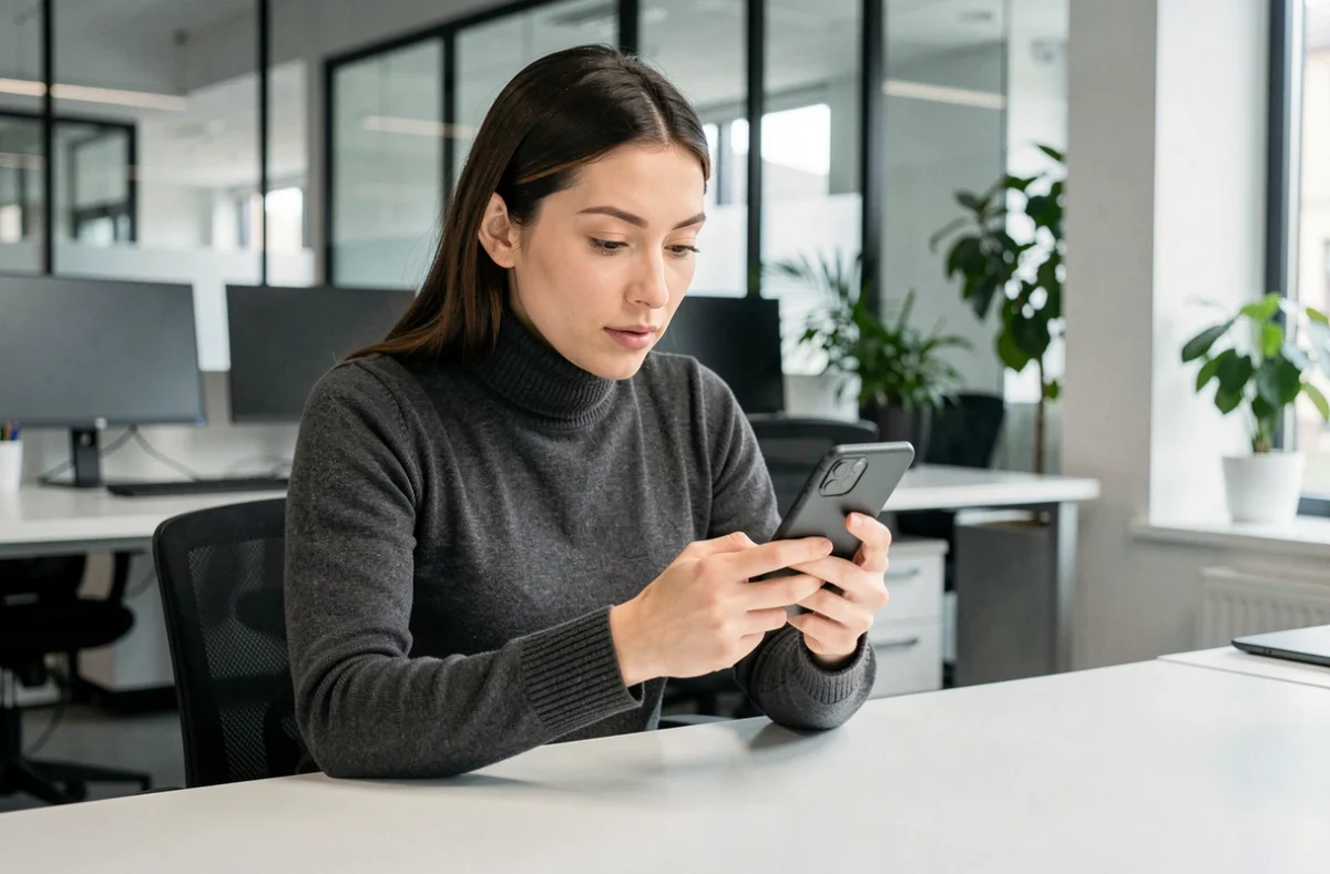 Femme découvrant un smartphone pliable innovant dans un bureau moderne en 2024
