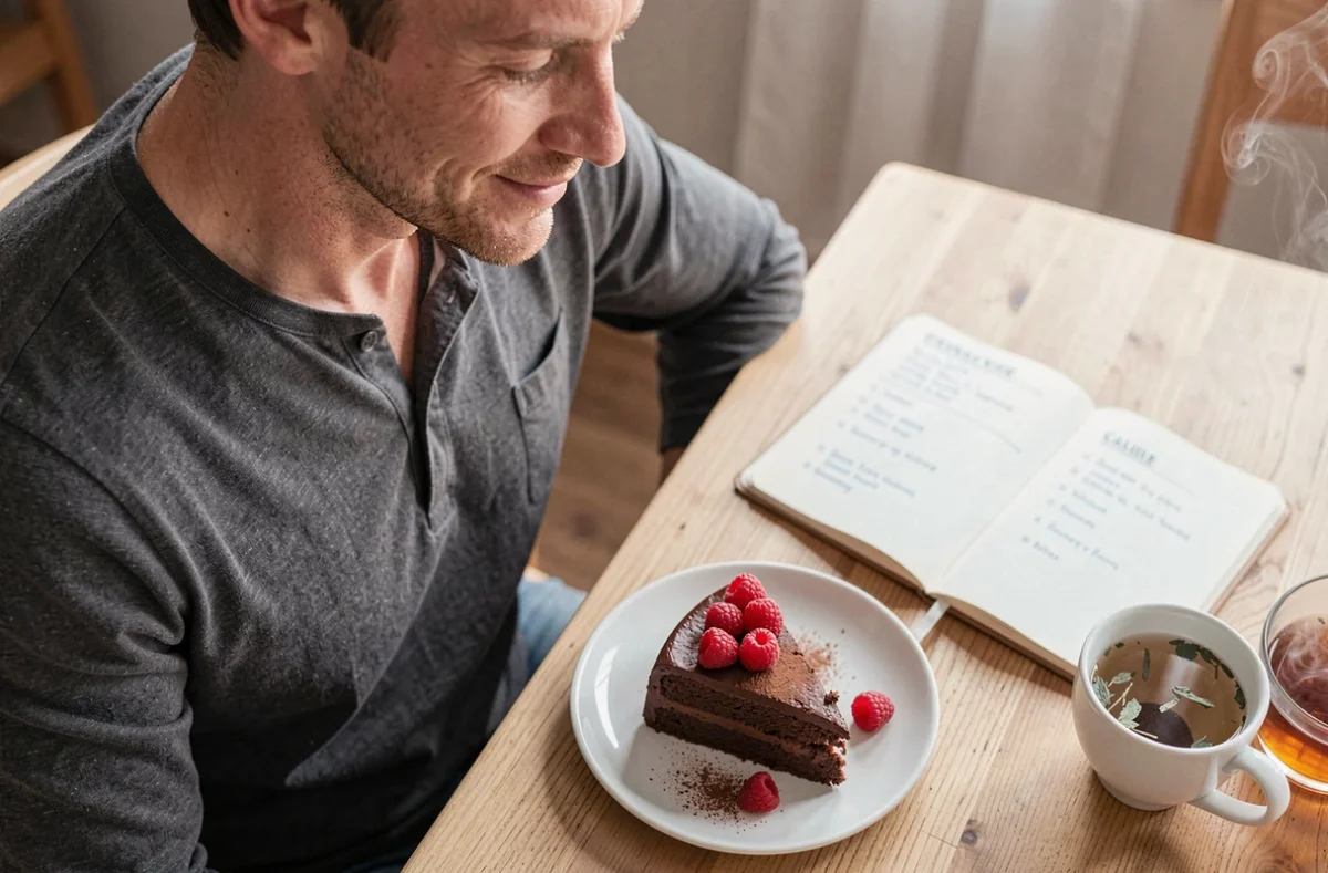 Homme dégustant une part de gâteau au chocolat sans farine avec des framboises fraîches, illustrant un dessert gourmand adapté à un objectif minceur