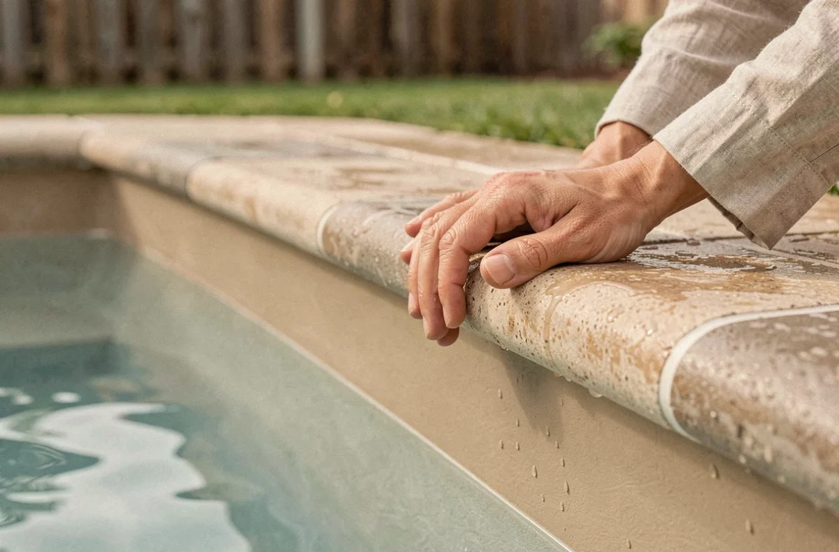 Gros plan sur le liner beige sable d'une piscine au niveau du margelle en pierre avec eau cristalline