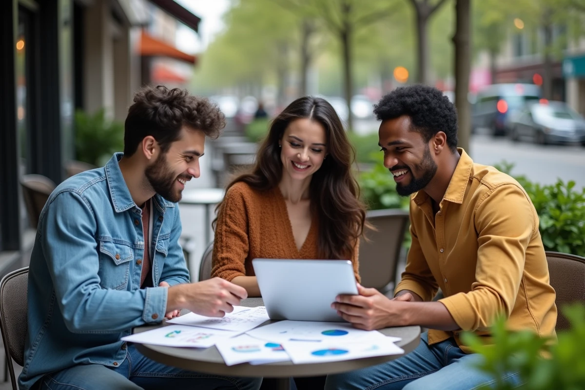 Groupe de jeunes adultes collaborant au café en plein air