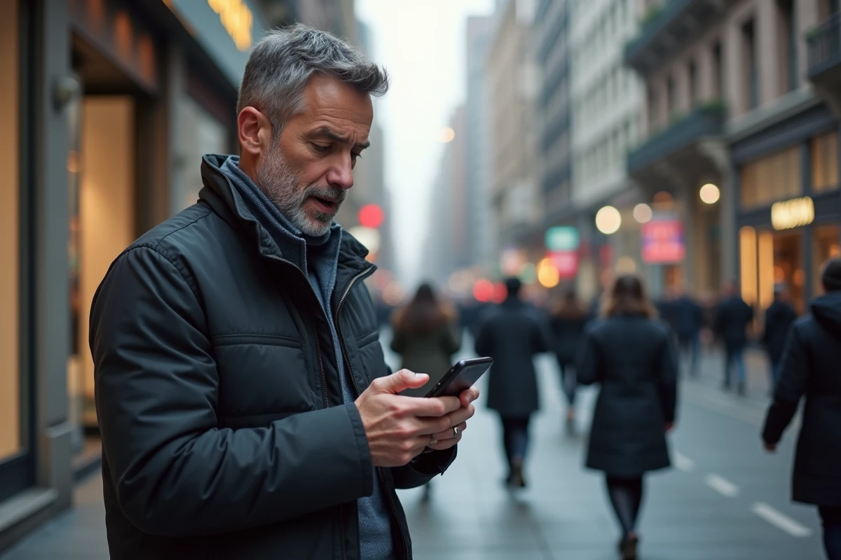 Homme lisant les dernières nouvelles en temps réel sur son smartphone dans une rue animée de la ville