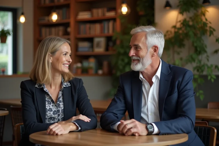 Homme et femme discutant dans un café chaleureux