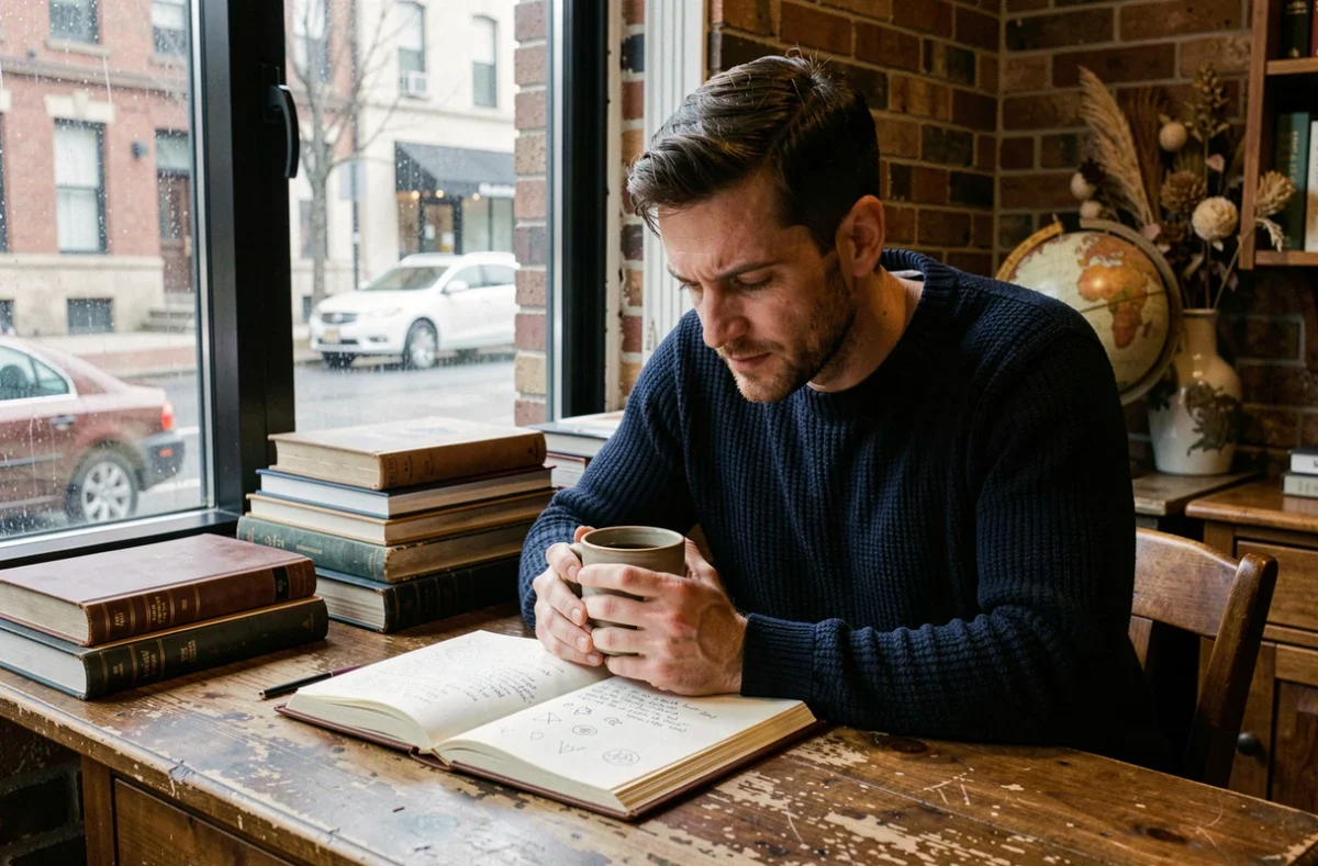 Homme méditatif étudiant son journal intime à son bureau pour déchiffrer les signes révélateurs de sa grande destinée